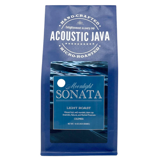 Acoustic Java coffee bag with 'Moonlight Sonata' label on a white background